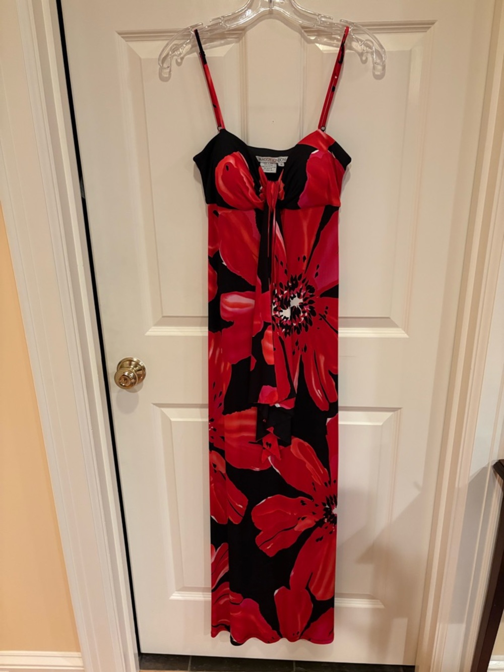Maggy London Red and Black Floral Maxi Dress with Spaghetti Straps